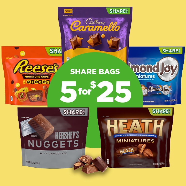 Promotional graphic featuring assorted share size bags of candy highlighting 5 bags for $25 bundle offer