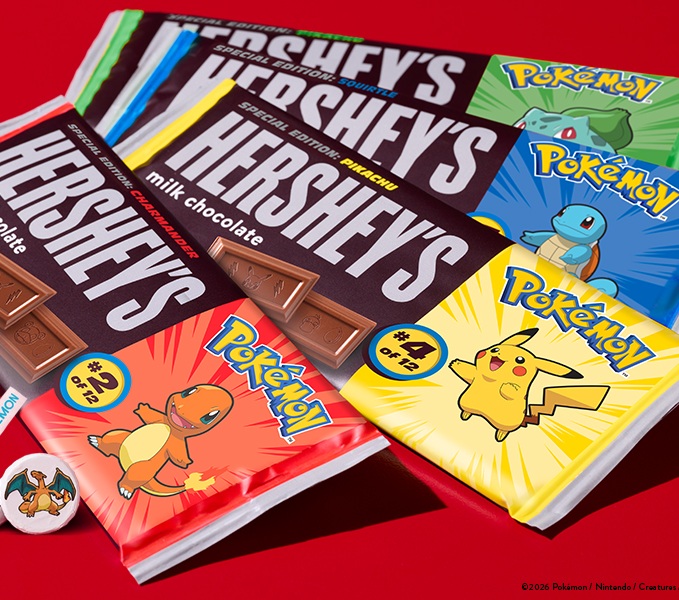 Promotional graphic featuring Pokémon Milk Chocolate Bars and Milk Chocolate Kisses 